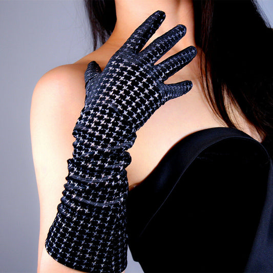 VELVET GLOVES 40cm 16" Long Stretchy Black Silver Chips Sparkle Houndstooth TECH