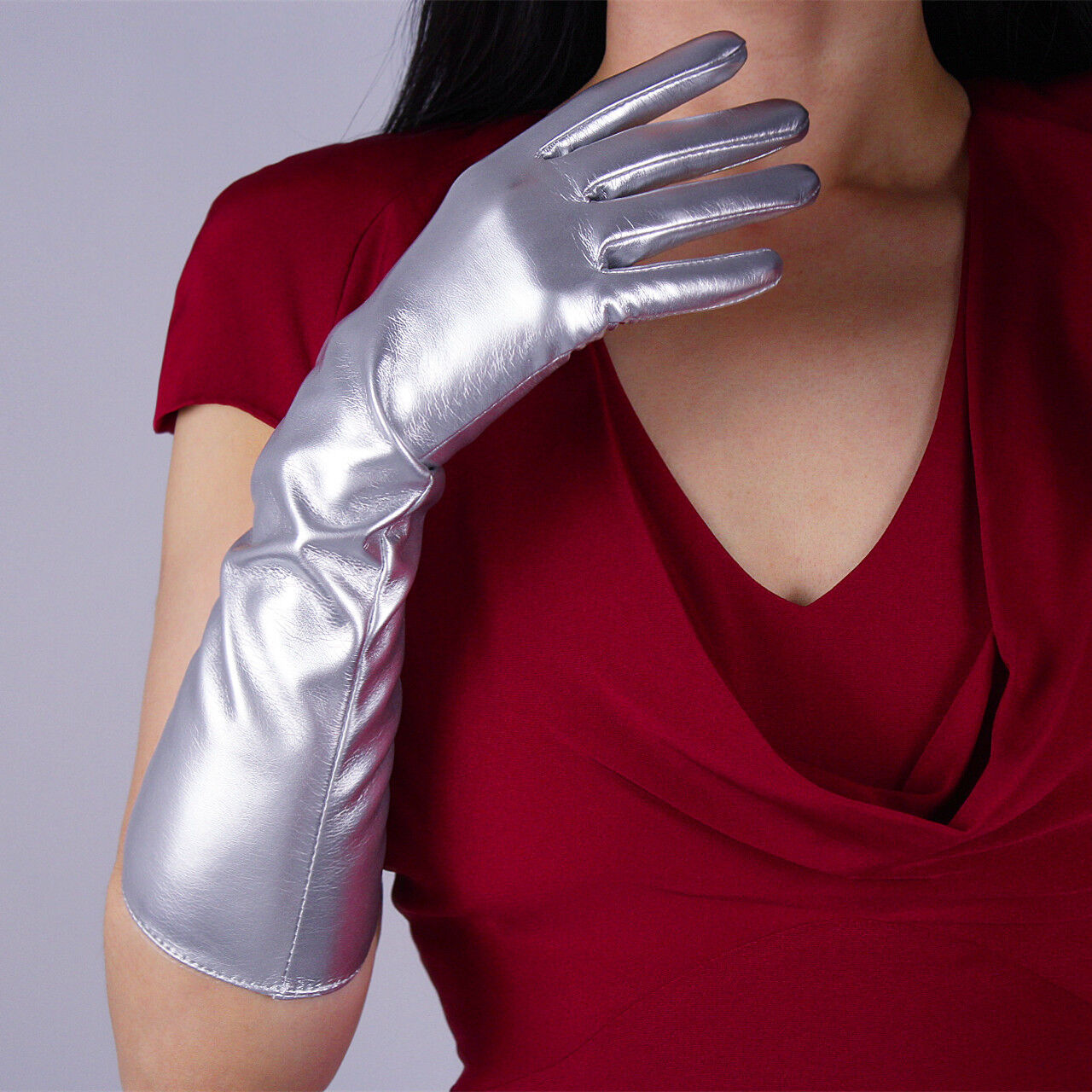 LATEX LONG GLOVES Shine Leather Faux Patent PU 16" 40cm Opera Evening Silver