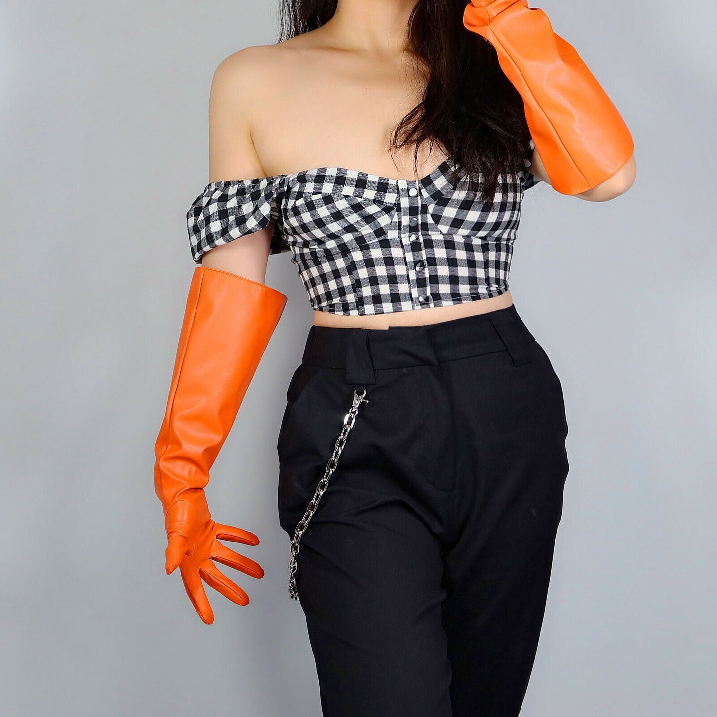 LONG FASHION GLOVES Faux Leather PU 20" 50cm Orange Unisex Loose PUFF SLEEVES L