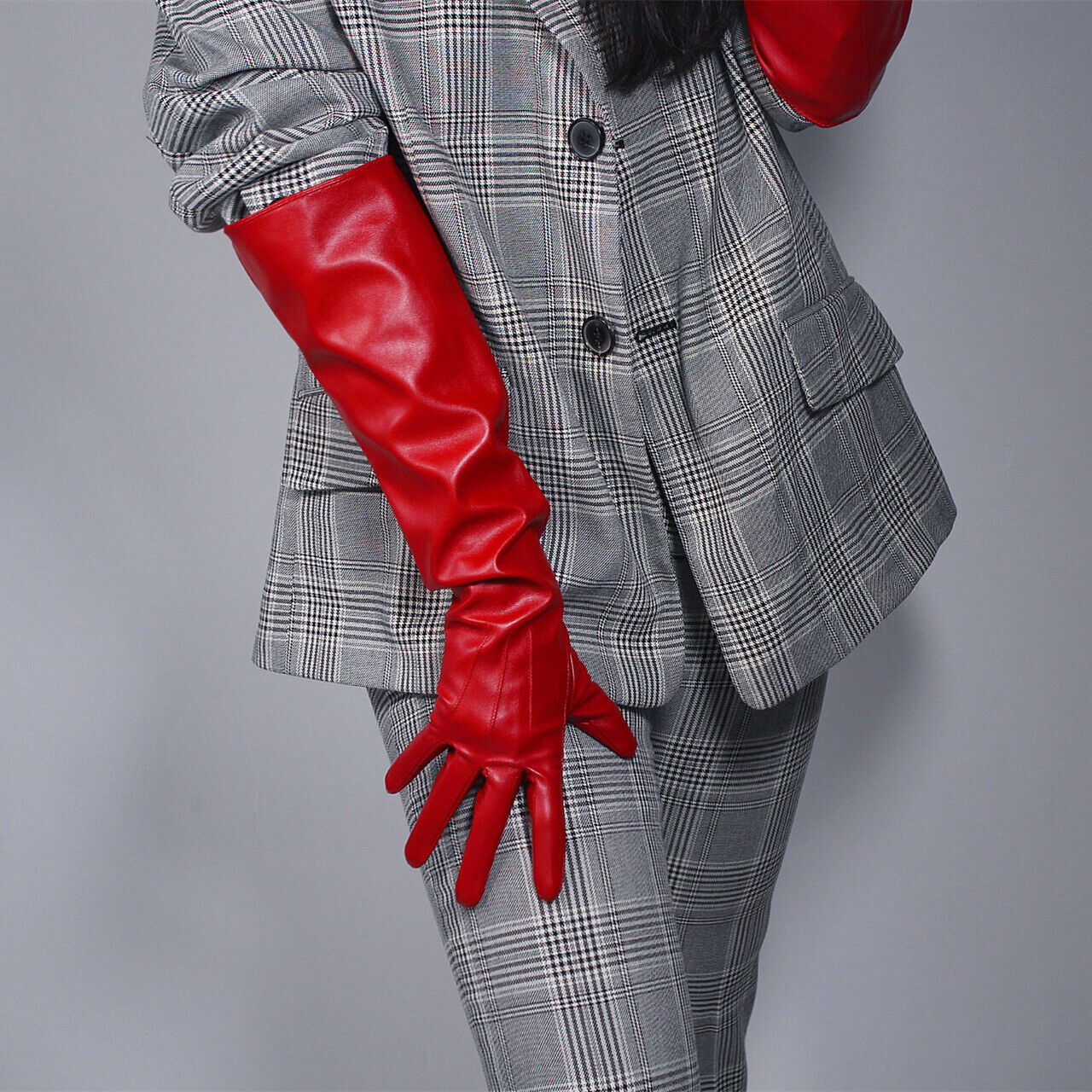 LONG GLOVES Faux Leather Lambskin PU 20" 50cm Hot Red Large Unisex PUFF SLEEVES