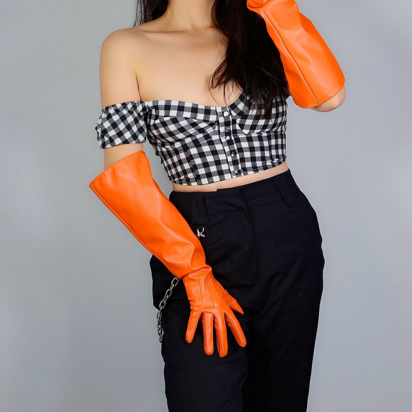 LONG FASHION GLOVES Faux Leather PU 20" 50cm Orange Unisex Loose PUFF SLEEVES L