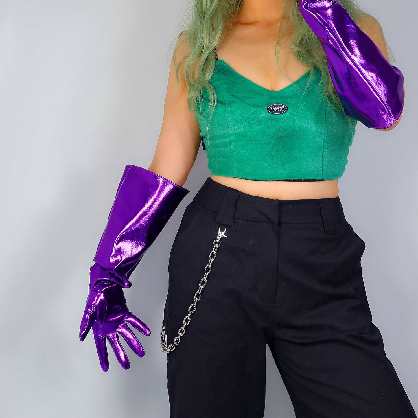 LATEX LONG GLOVES Faux Shine Patent Leather 20" 50cm Shine Purple PUFF SLEEVES L