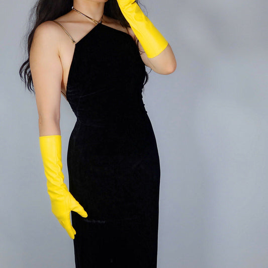 LONG FASHION GLOVES Faux Leather Sheepskin 16" 40cm Elbow Banana Bright Yellow