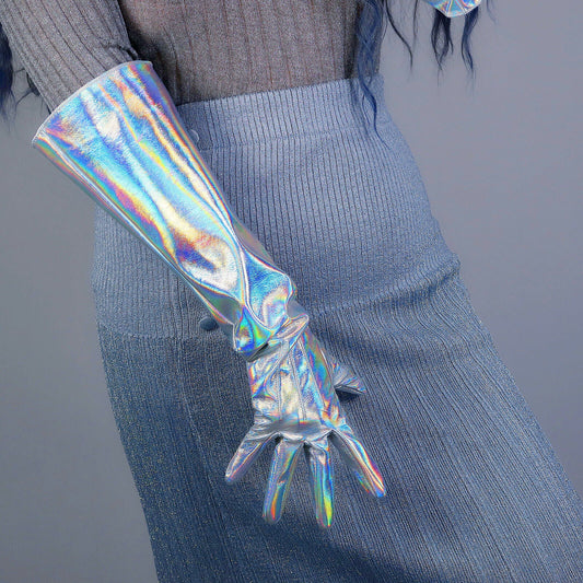 LATEX LONG GLOVES Faux Patent Leather 20" 50cm Hologram Silver PUFF SLEEVES