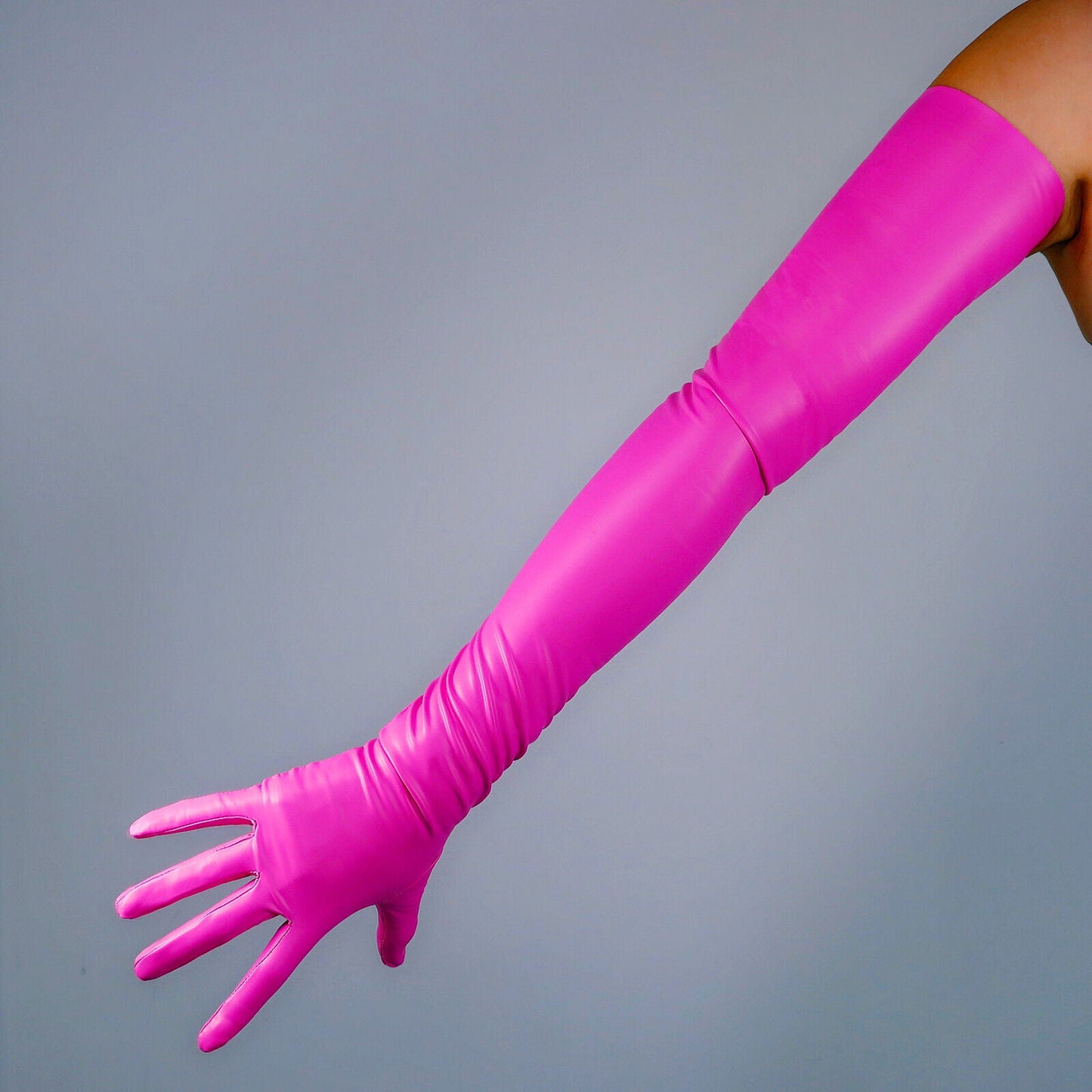 LATEX GLOVES Thin Faux Leather 28" 70cm Matt Rose Pink Magenta Red LONG FITTED