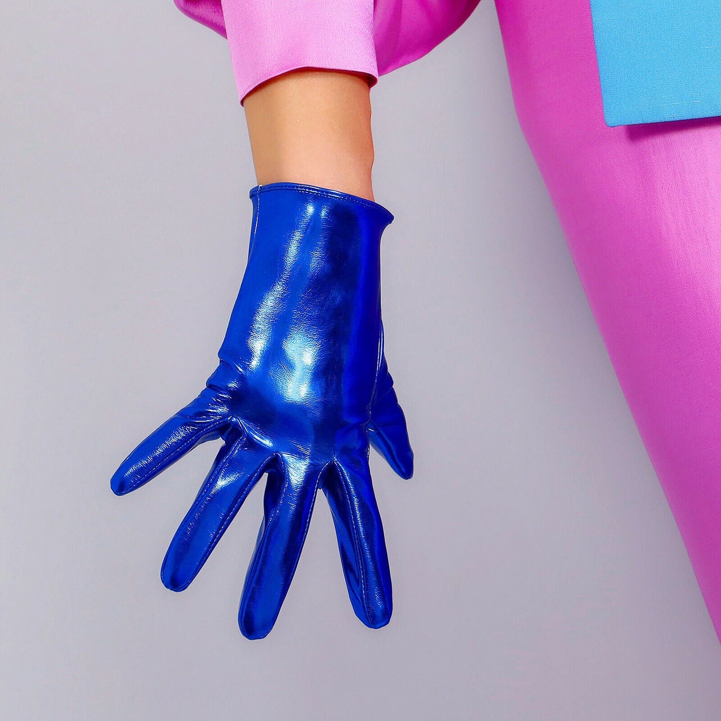 LATEX SHORT GLOVES Faux Shine Patent Leather 8" 21cm Royal Cobalt Classic Blue