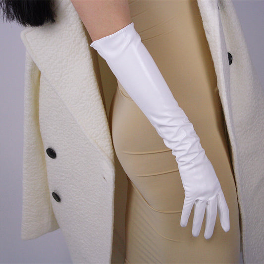 Long Gloves Faux Leather 19" 50cm Opera Evening Shine Patent White Touchscreen