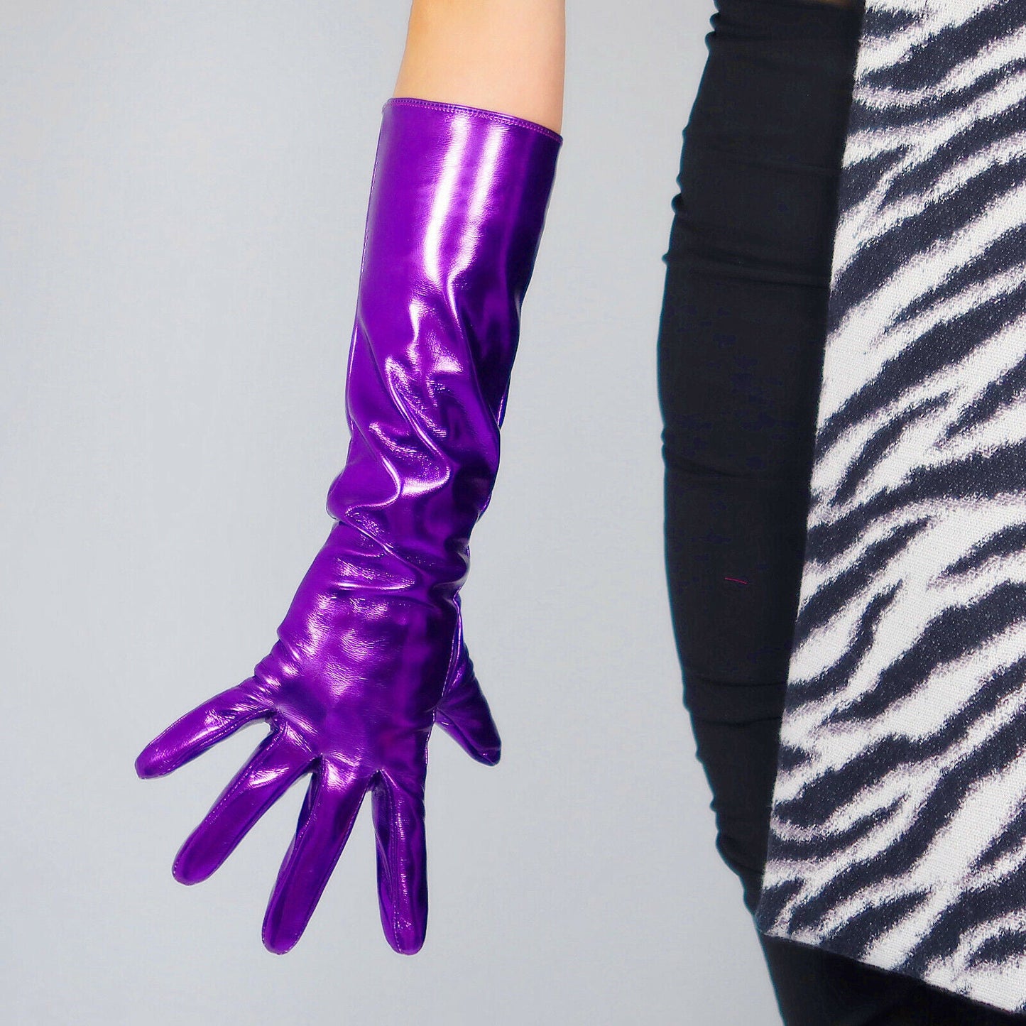 LATEX LONG GLOVES Faux Shine Patent Leather 16" 40cm Shine Purple Slim Fitted