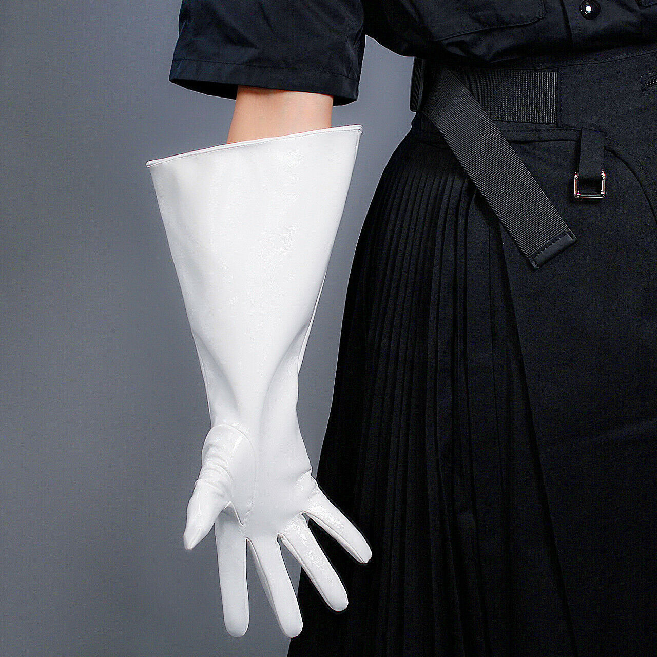 PATENT LONG GLOVES Unisex Faux Leather Wide Balloon Puff Sleeves L White 38cm