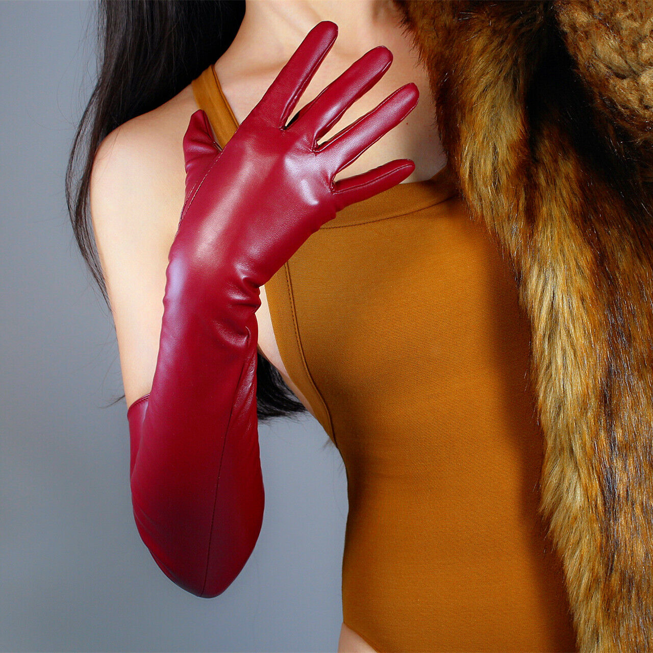 LONG GLOVES Faux Leather Lambskin Sheepskin 24" 60cm Dark Red Burgendy Oxblood