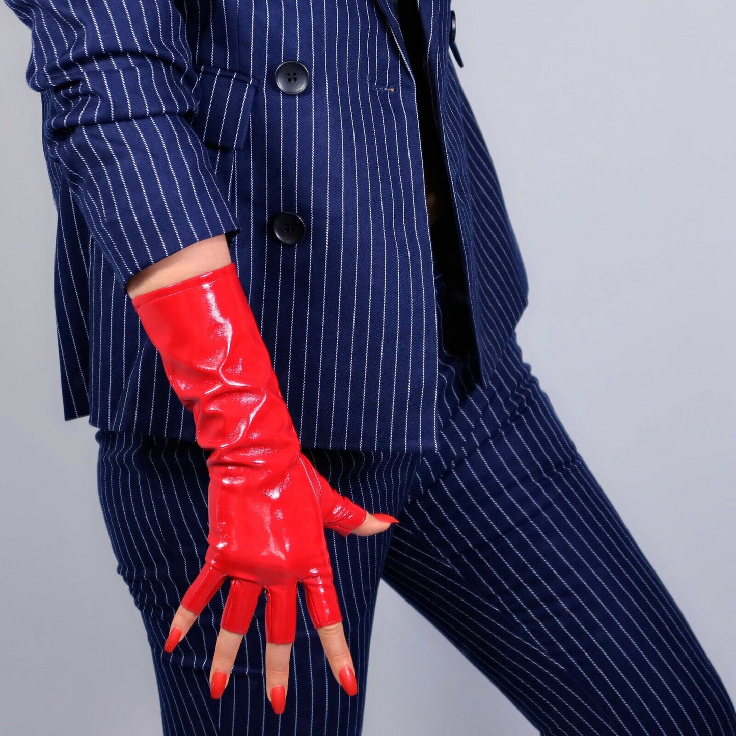 HALF FINGER LATEX Long Gloves Faux Patent Leather Shine Red 28cm Fingerless