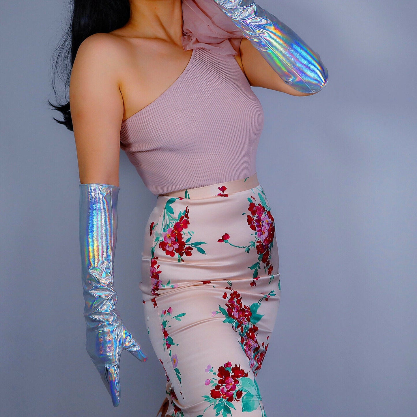 LATEX LONG GLOVES Faux Patent Leather 20" 50cm Hologram Silver Mermaid Rainbow