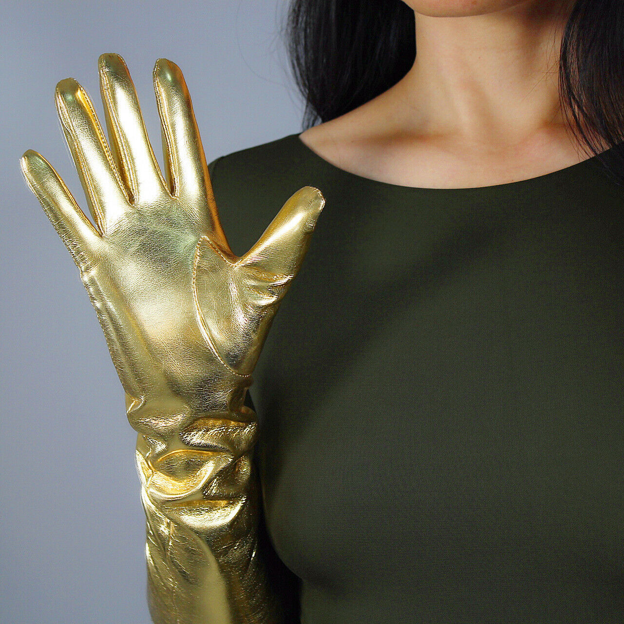 LATEX LONG GLOVES Shine Leather Faux Patent PU 16" 40cm Opera Golden