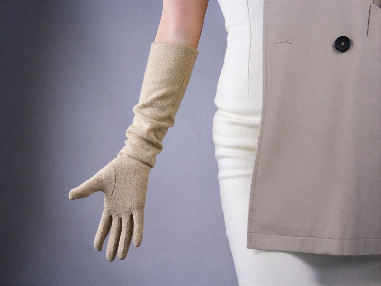 WOOL GLOVES 50cm long beige