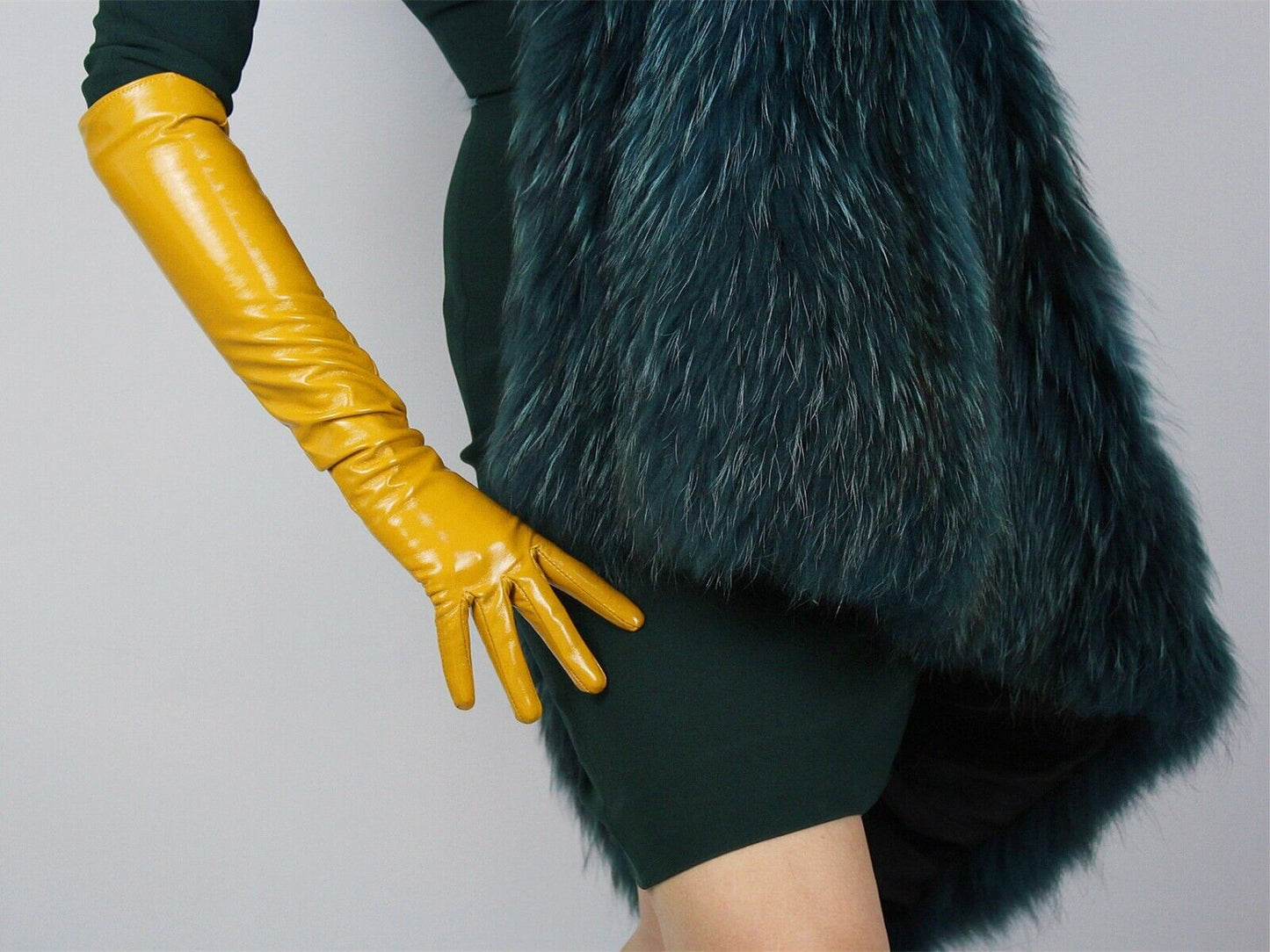 LATEX LONG GLOVES Shine Leather Faux Patent PU 20" 50cm Opera Ginger Yellow