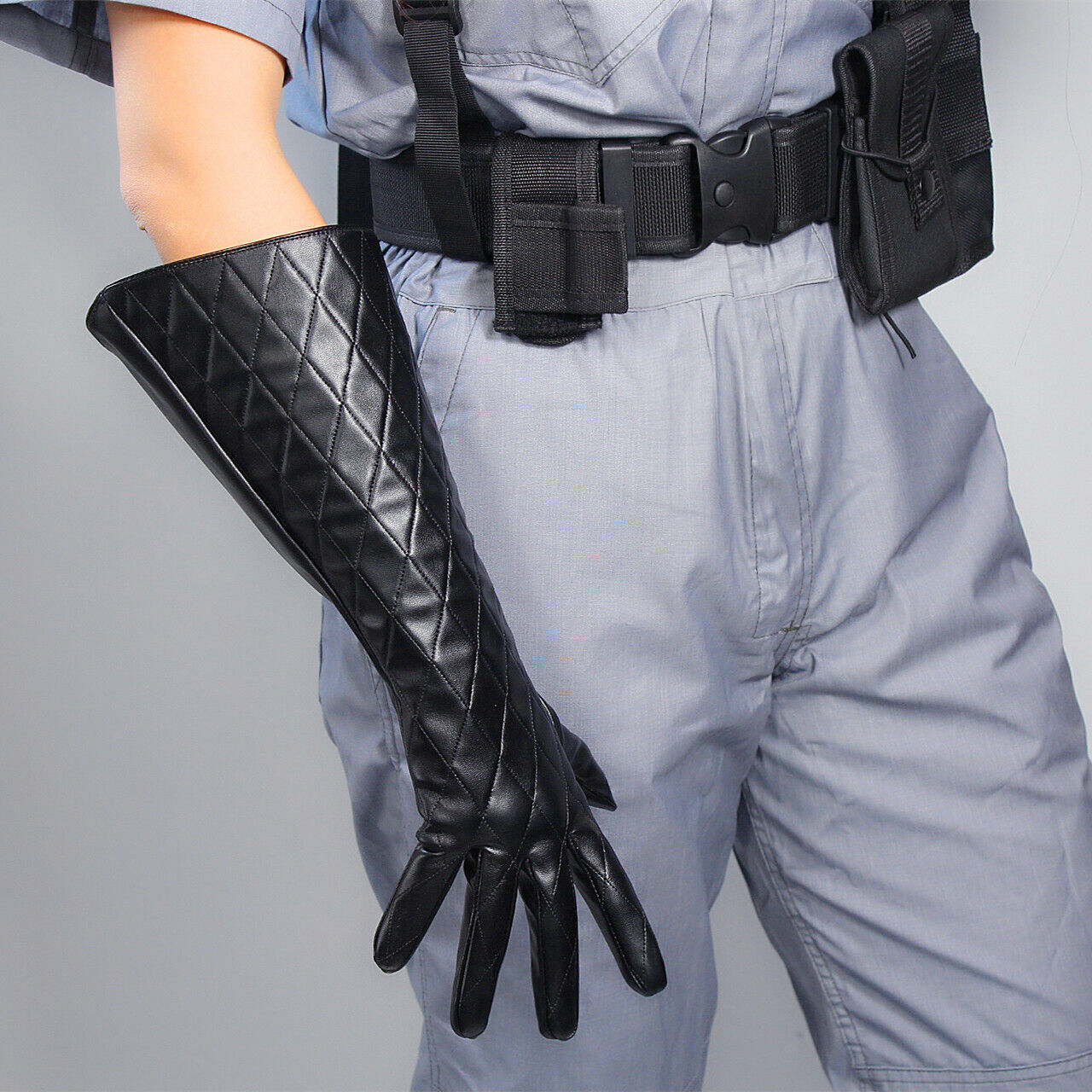 TECH LONG GLOVES Unisex Black Faux Leather 38cm Big Puff Sleeves Large Quilted