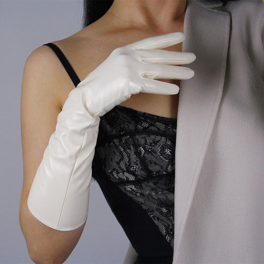 LATEX LONG GLOVES Shine Leather Faux Patent PU 16" 40cm Opera Beige Cream Ivory