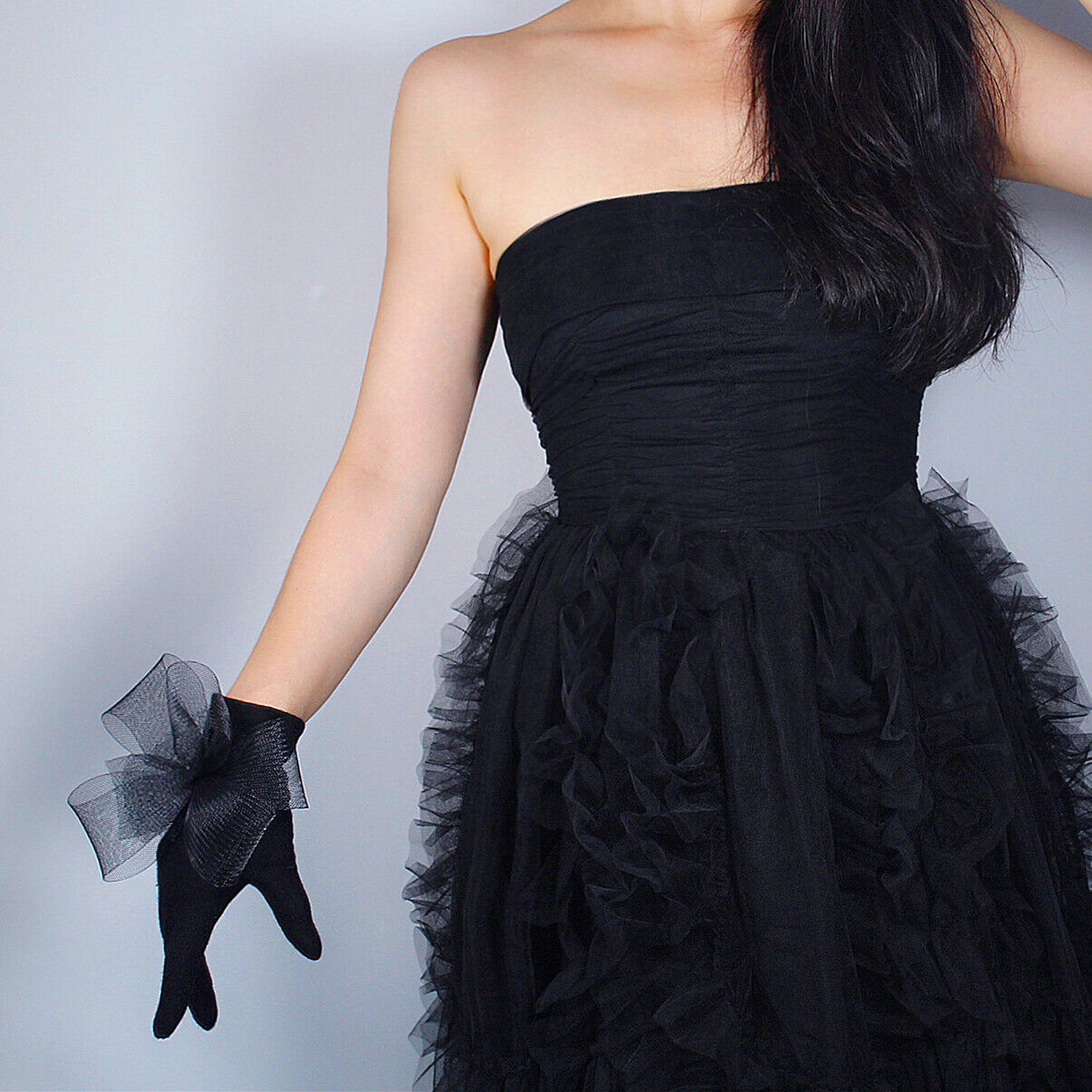 WOOL GLOVES w/ Extra Large Tulle Bows Black Lace Flower Knitting Dress Gloves