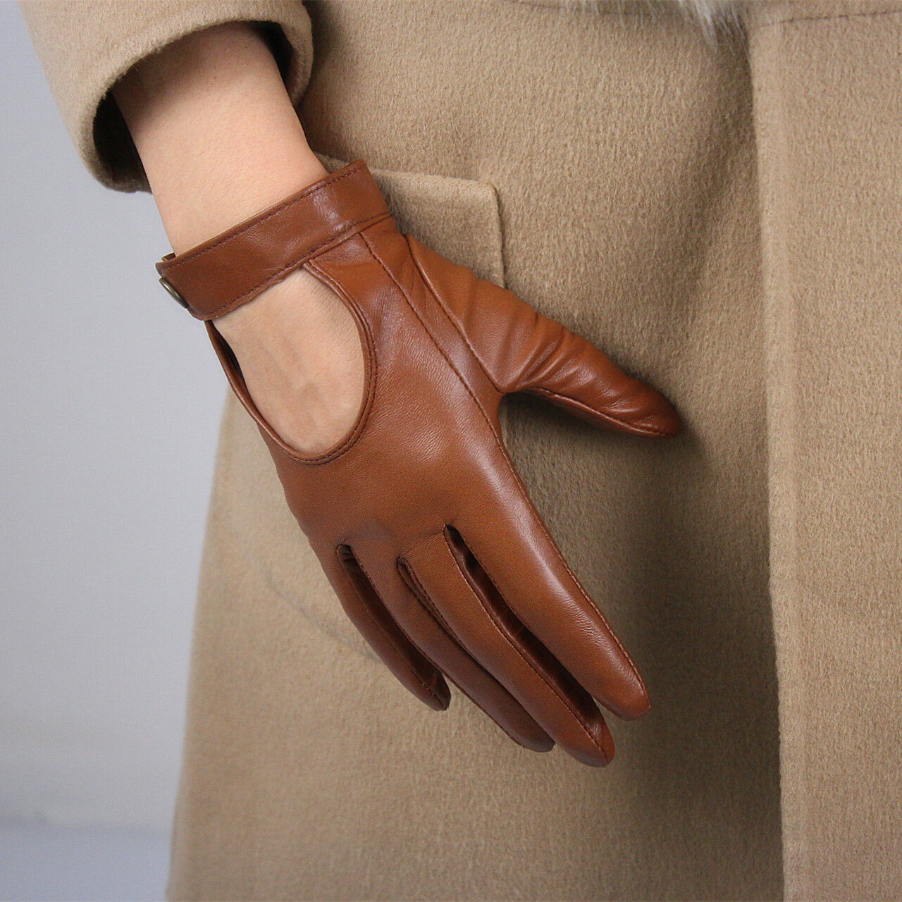 TECH GLOVES Real Leather Short Lambskin Sheepskin Brown Tan Camel Beige Caramel