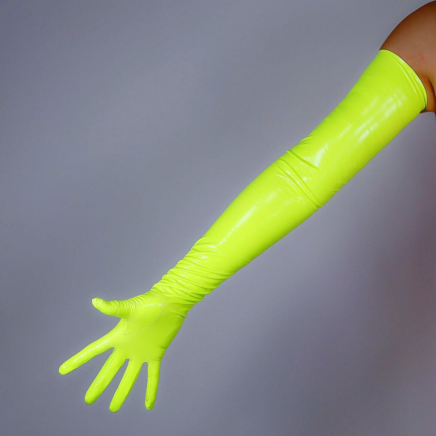 LATEX GLOVES Thin Leather 28" 70cm Fluorescence Yellow Green Lime LONG FITTED