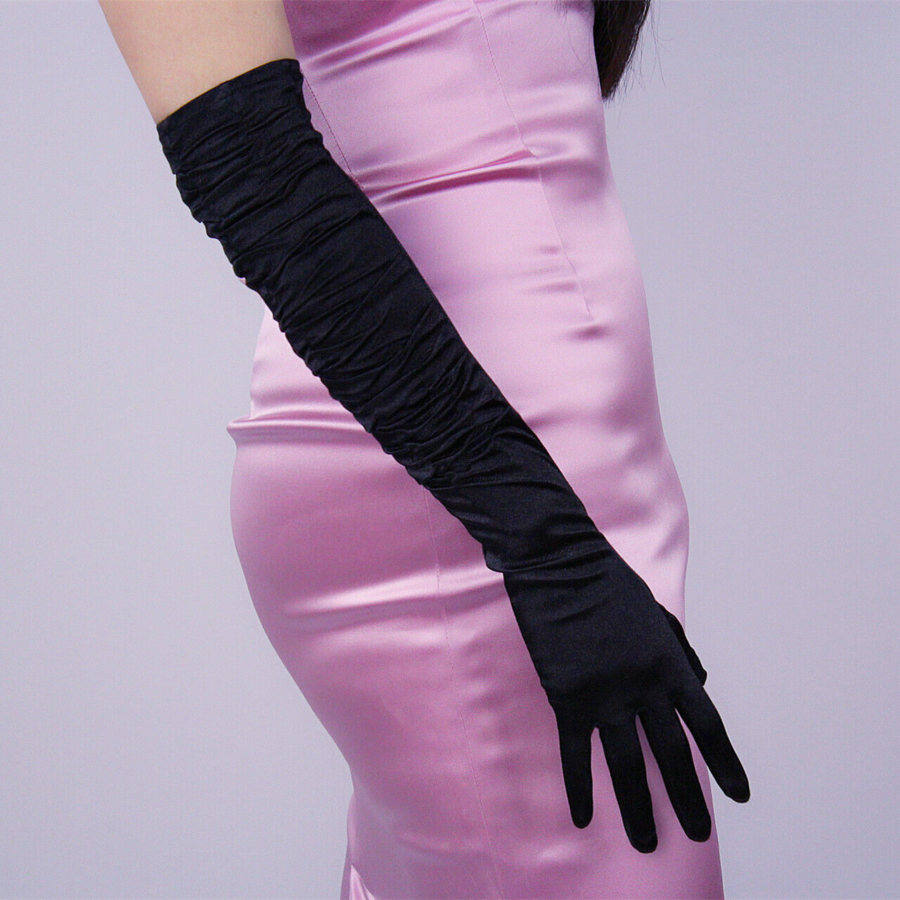 RUCHED GLOVES Stretch Satin Silk 50cm 20" Elbow Long Black Gathered RUCHING TECH