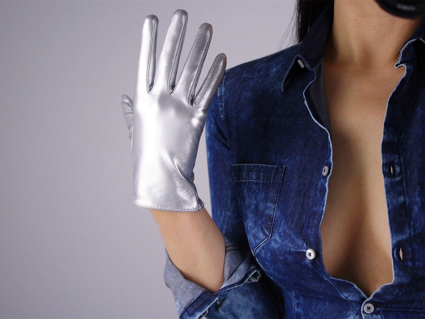 LATEX GLOVES Shine Leather Faux Patent PU 8" 21cm Short Opera Evening Silver