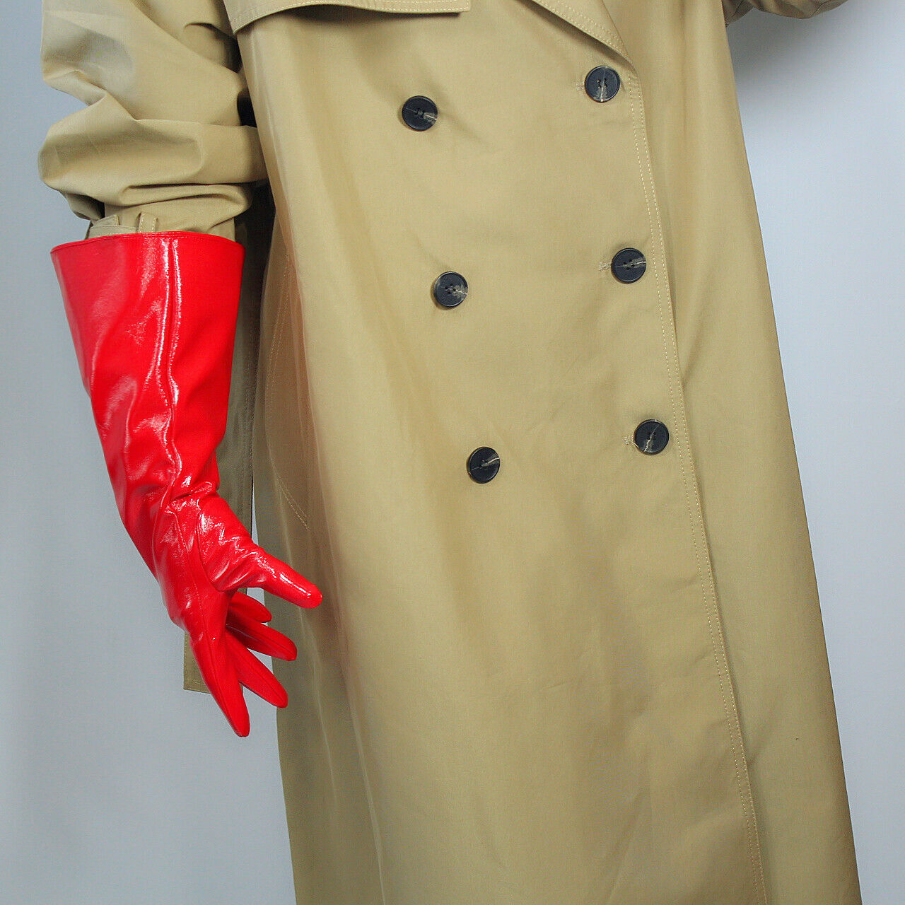 PATENT LONG GLOVES Unisex Faux Leather Wide Balloon Puff Sleeves Large Red 38cm