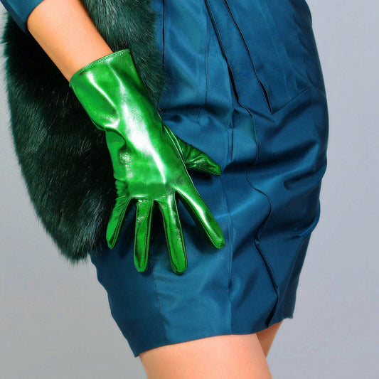 LATEX SHORT GLOVES Faux Shine Patent Leather 11" 28m Electric Green Wrist Long