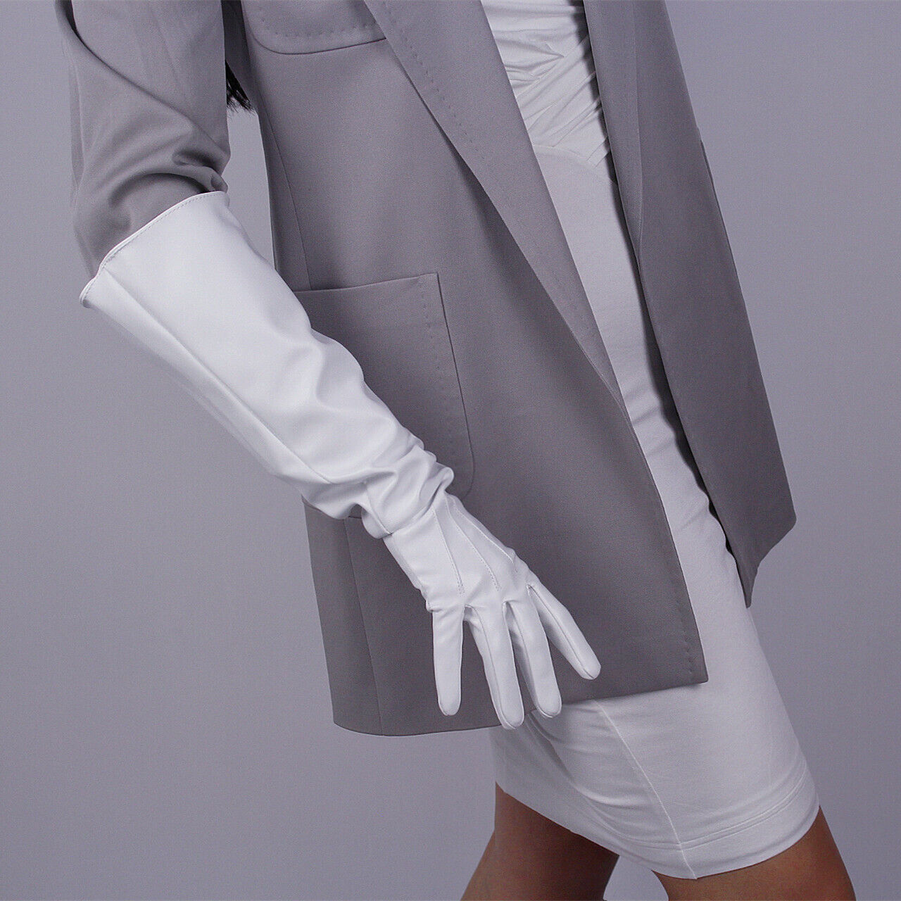 TECH LONG GLOVES Unisex White Faux Leather Elbow 50cm 20" Loose L PUFF SLEEVES