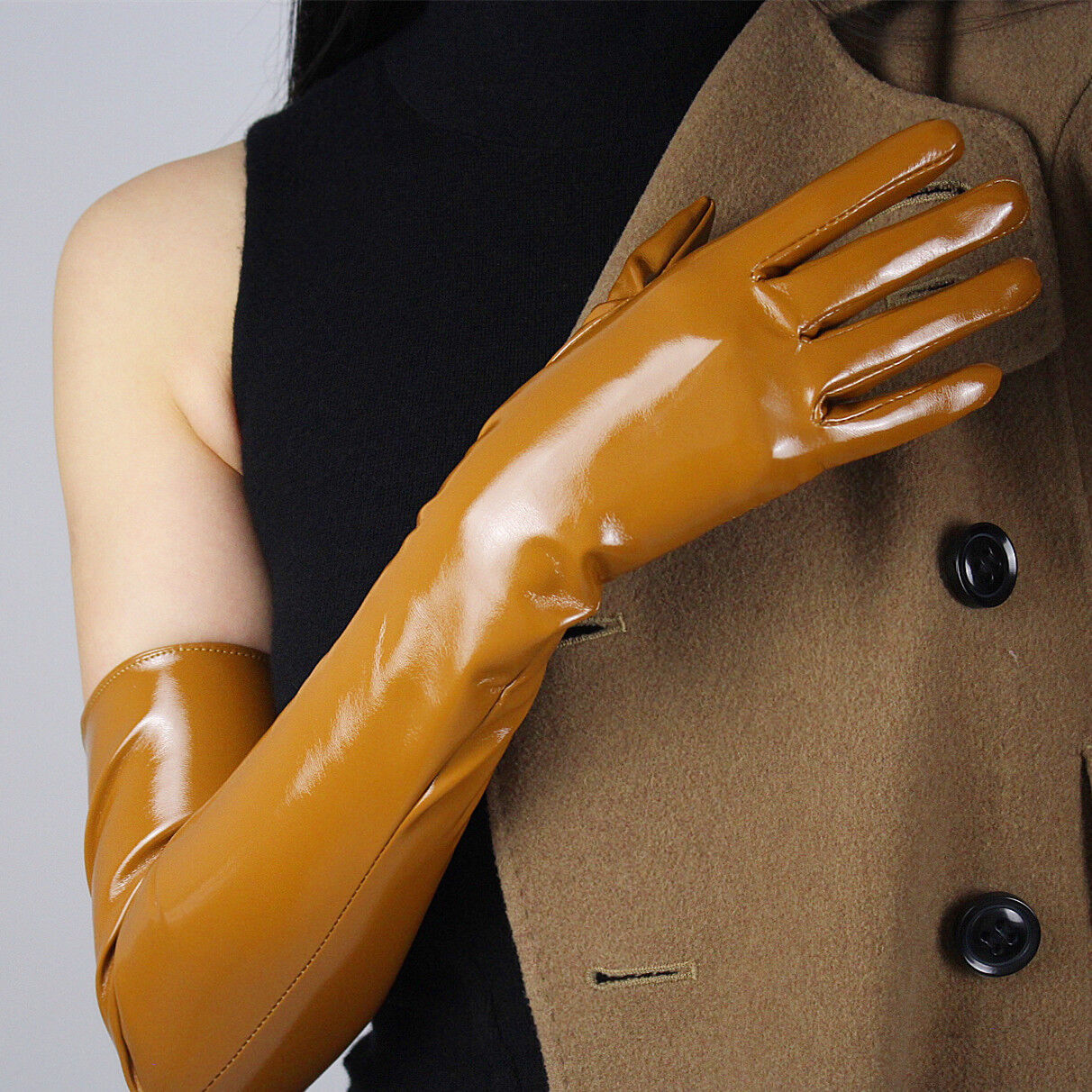 LATEX LONG GLOVES Shine Leather Faux Patent PU 24" 60cm Opera Evening Brown