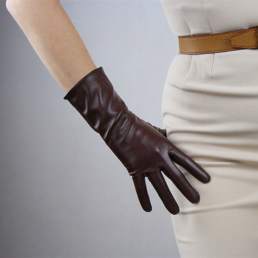 Gloves Faux Patent Leather Wrist Long Short Coffee Brown 28cm