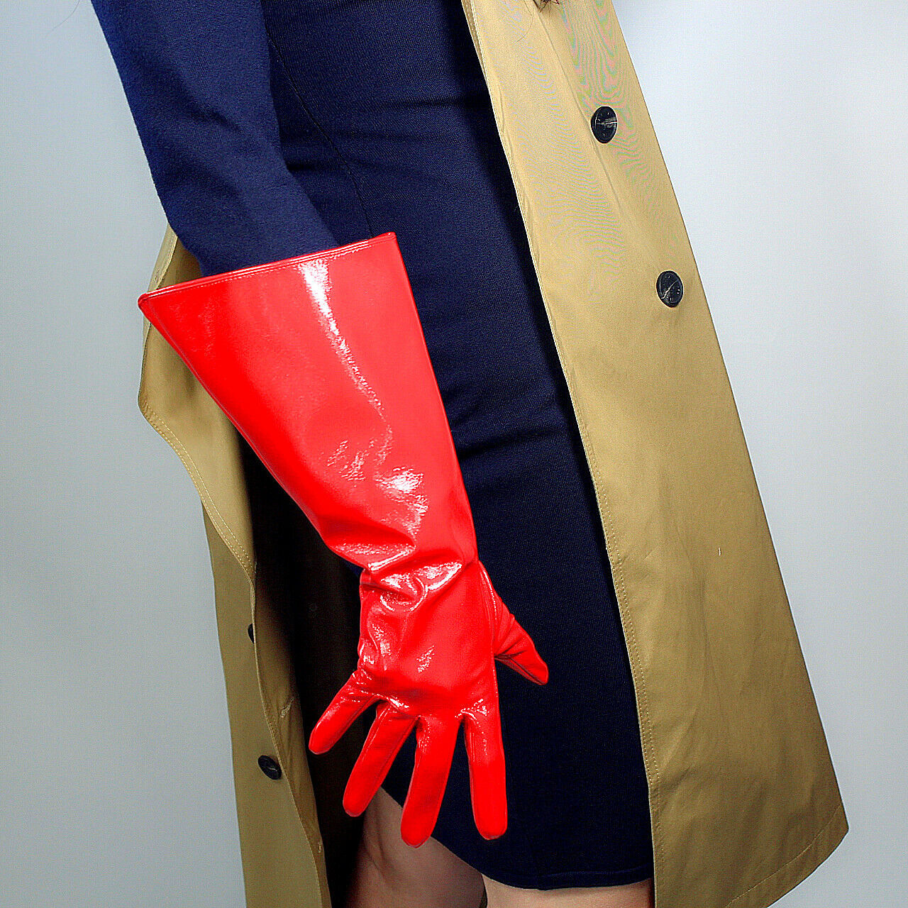 PATENT LONG GLOVES Unisex Faux Leather Wide Balloon Puff Sleeves Large Red 38cm