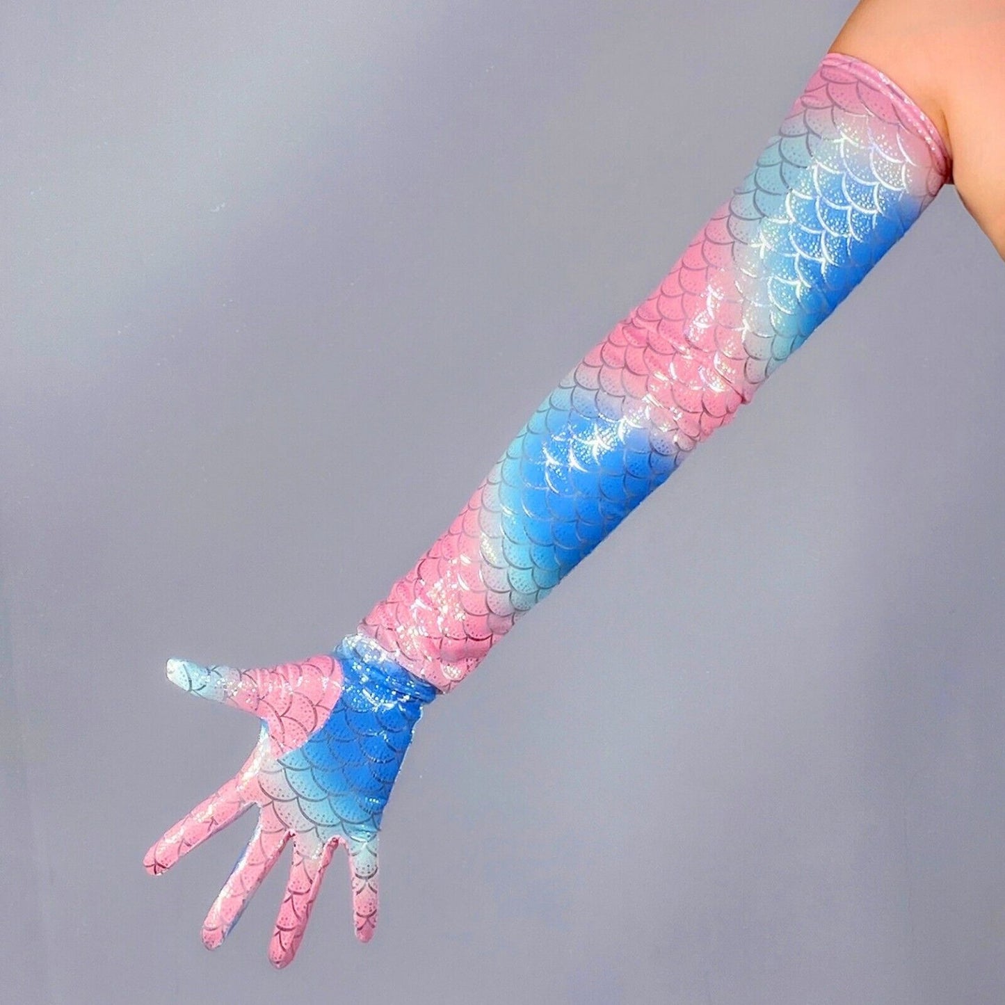 MERMAID GLOVES 28" 70cm Extra Long Baby Blue Pink Shine Silver Fish Scale FITTED