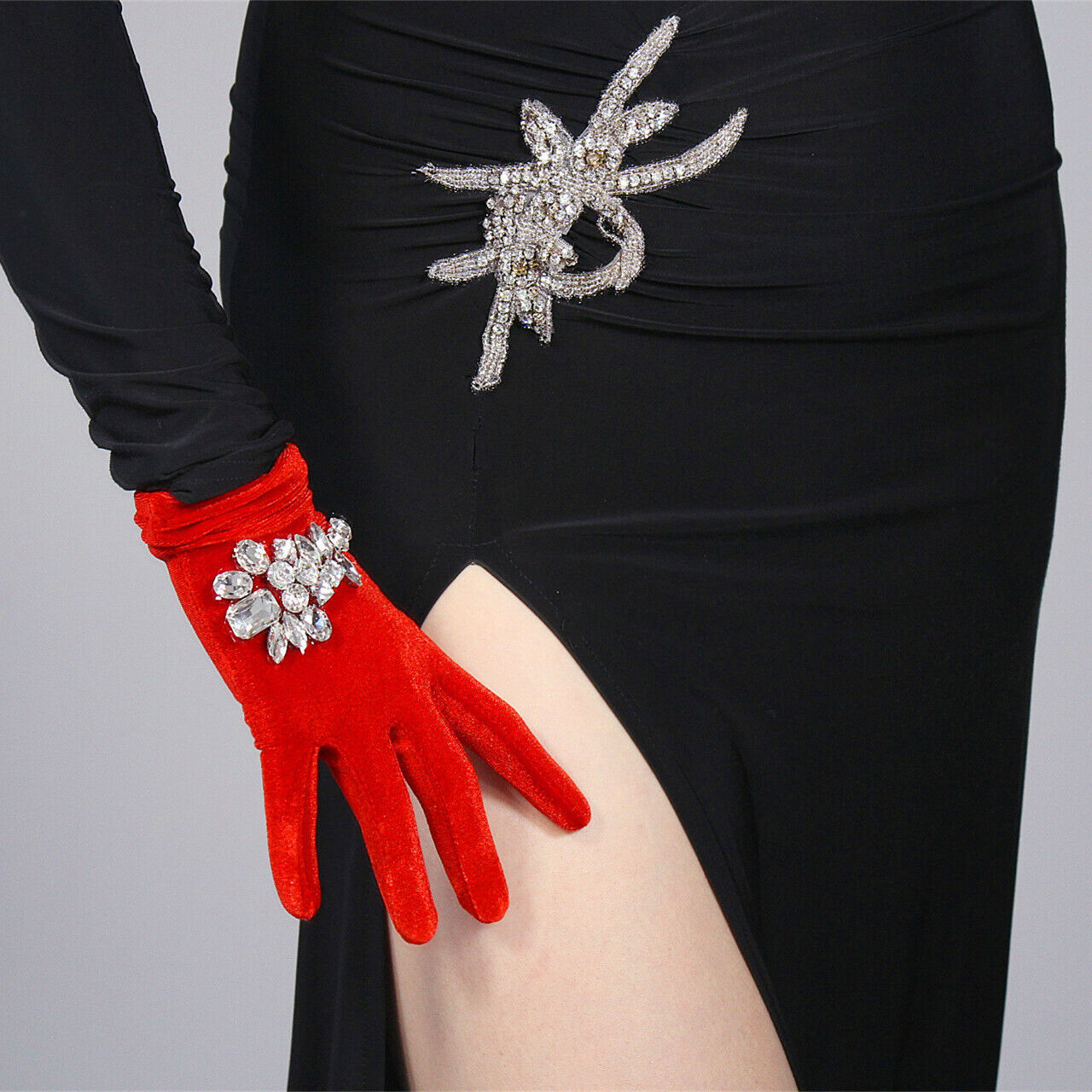 VELVET GLOVES Wrist Short Stretch Red White Jewel Crystal Rhinestone Paisley