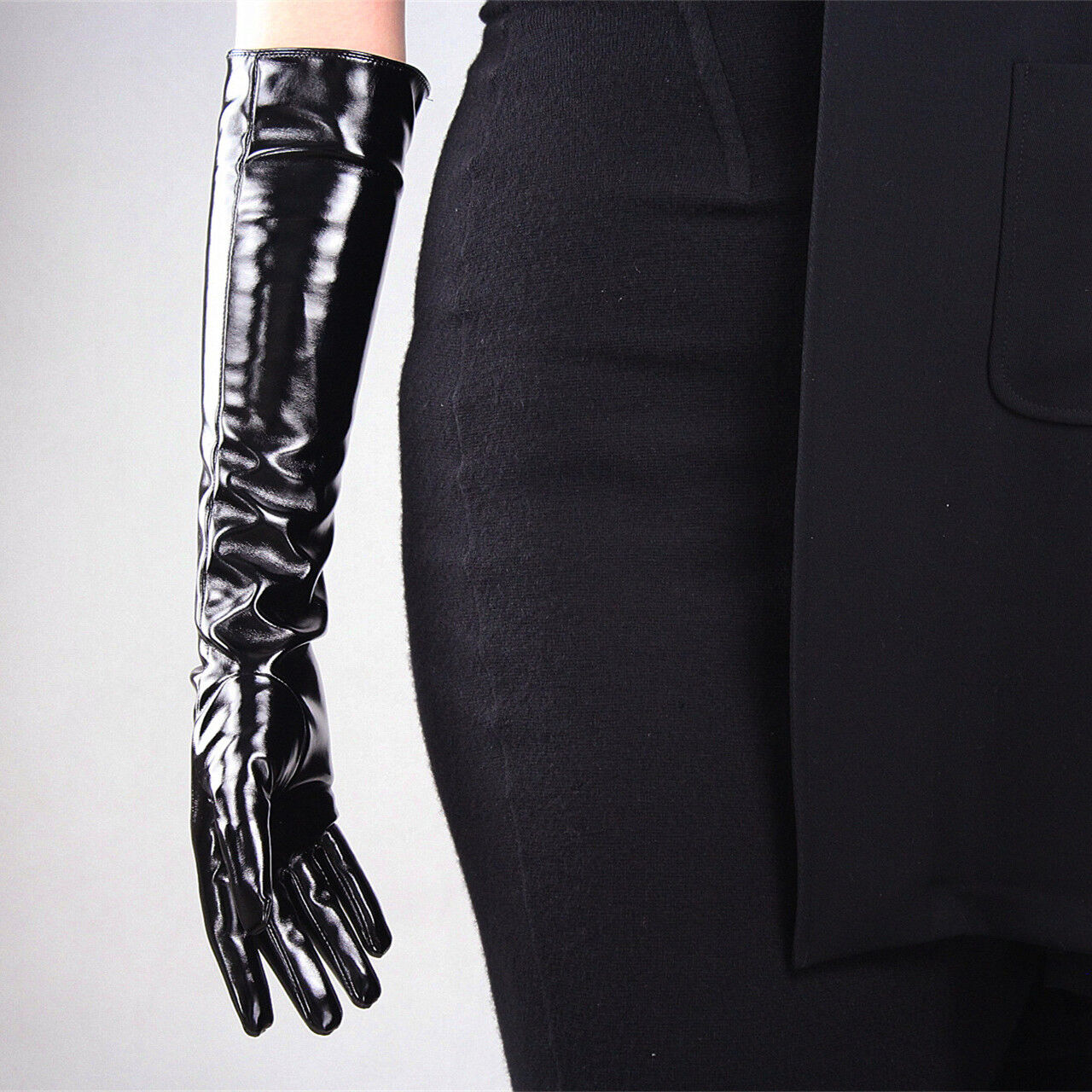 Shine Leather Faux Patent Leather 19" 50m Long Gloves Black Cosplay Gothic Latex