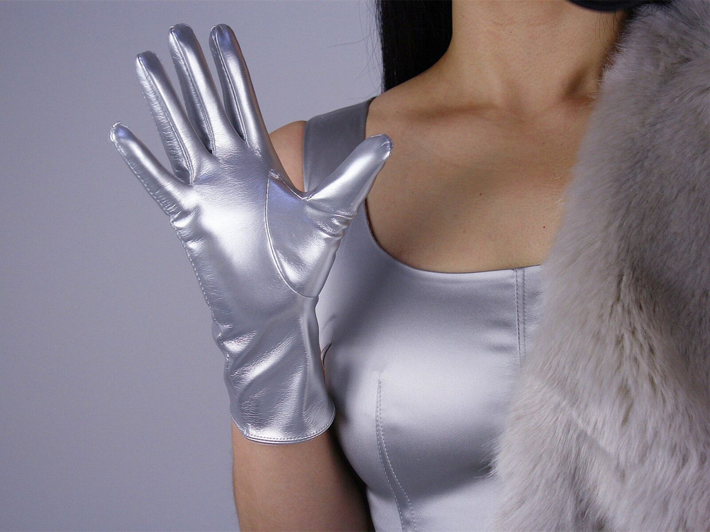 LATEX GLOVES Shine Leather Faux Patent PU 11" 28cm Short Everyday Daily Silver