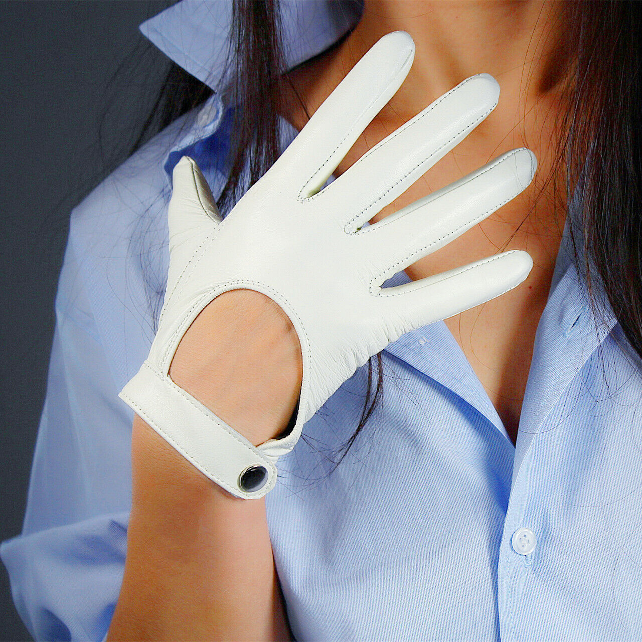 TECH GLOVES Real Leather Short White Lambskin Sheepskin Belt with Button Closure