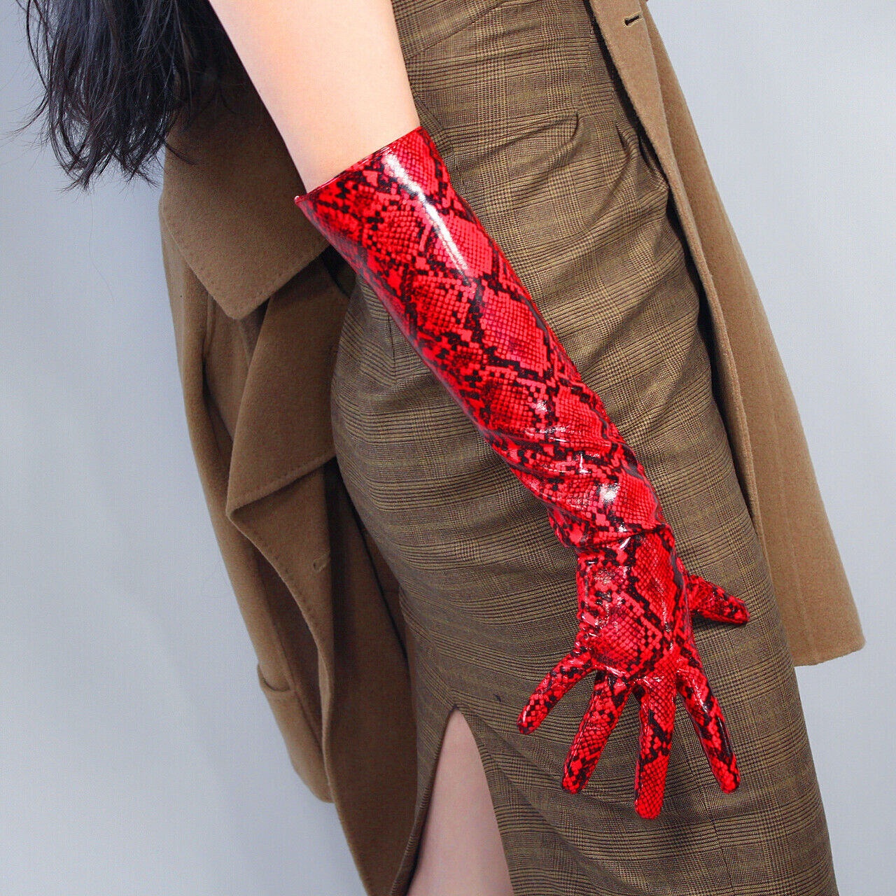 LONG LATEX GLOVES Faux Patent Leather 20" 50cm Shine Red Snake Python Snakeskin