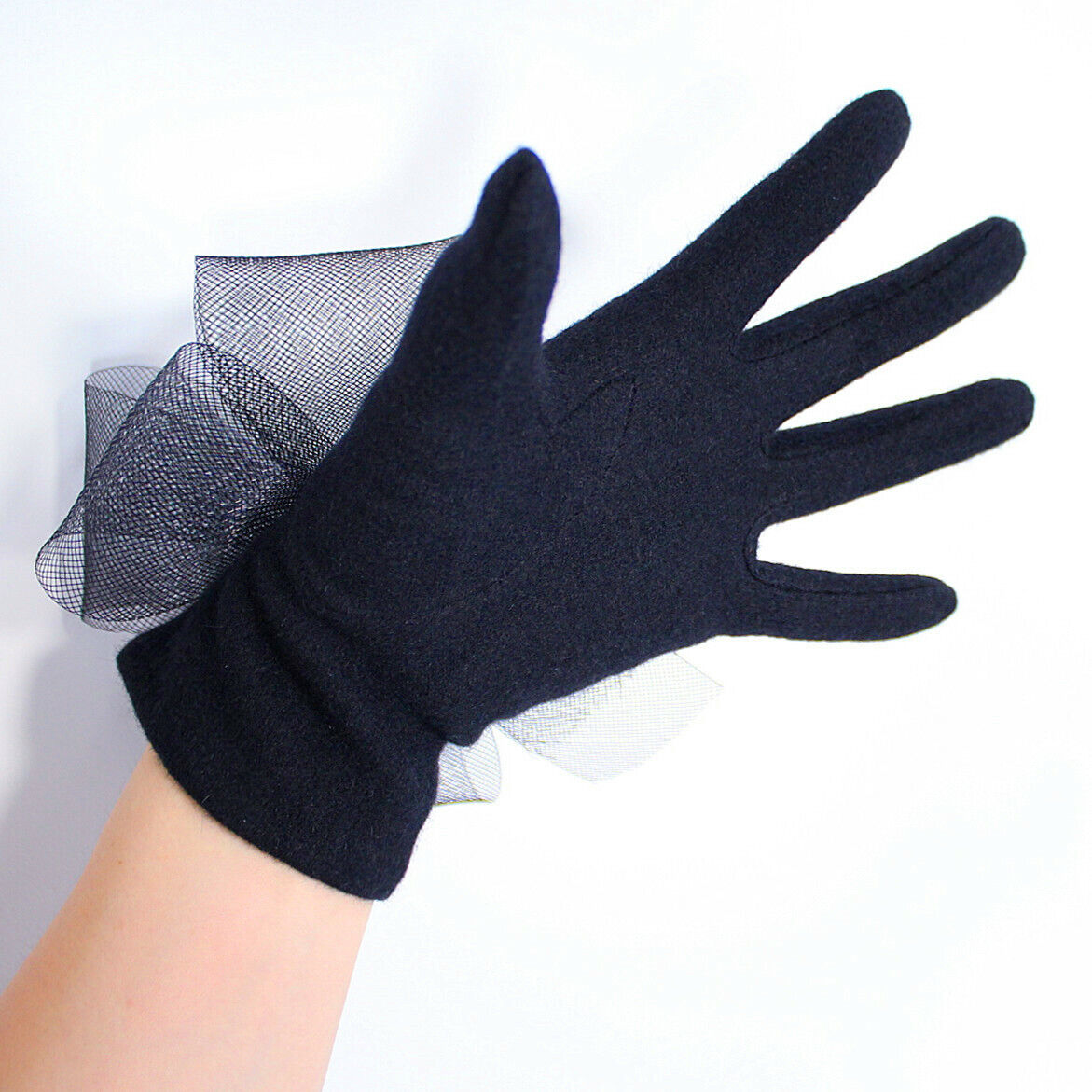 WOOL GLOVES w/ Extra Large Tulle Bows Black Lace Flower Knitting Dress Gloves