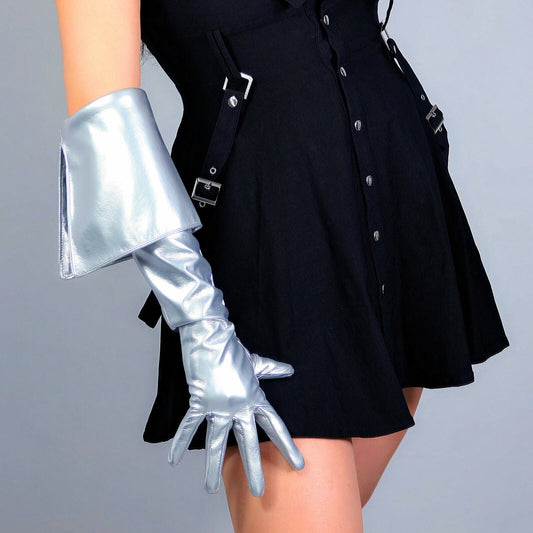 LATEX LONG GLOVES Faux Patent Leather 26" 65cm Deep Cut Flip Foldover Silver