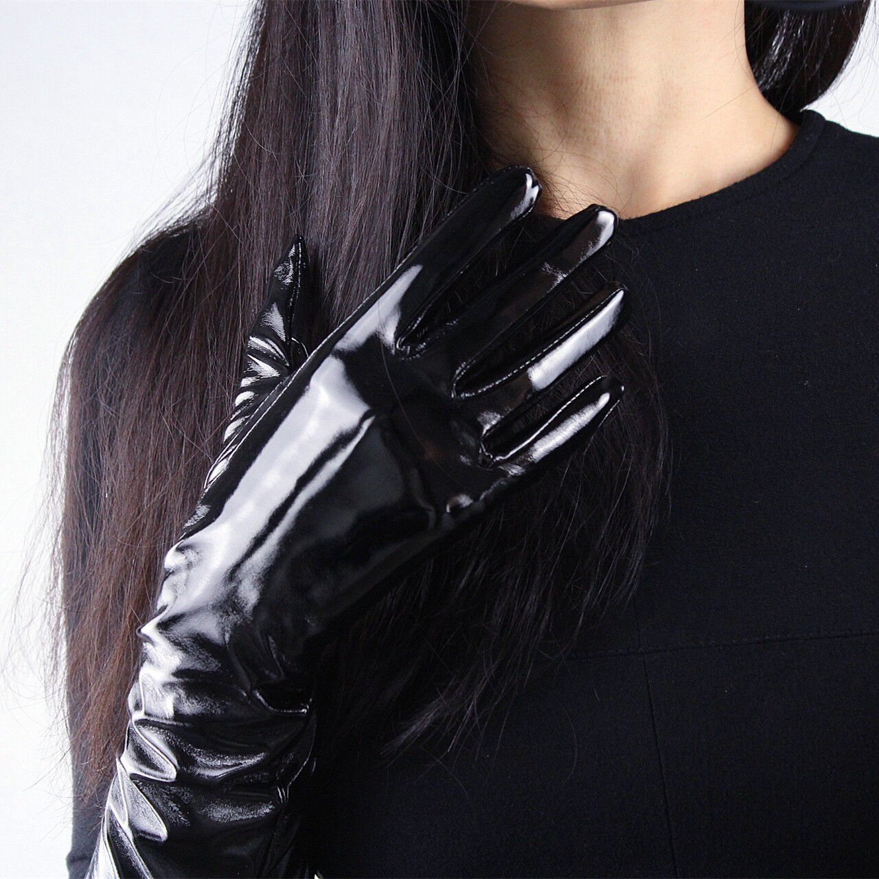 Shine Leather Faux Patent Leather 16" 40m Long Gloves Black Cosplay Gothic Latex