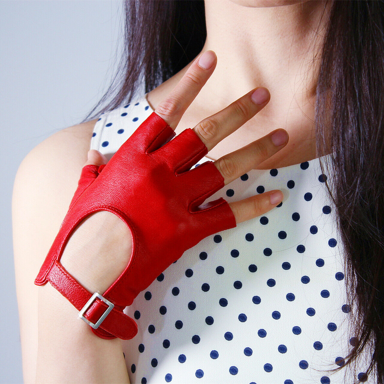 REAL LEATHER GLOVES Red Half Finger