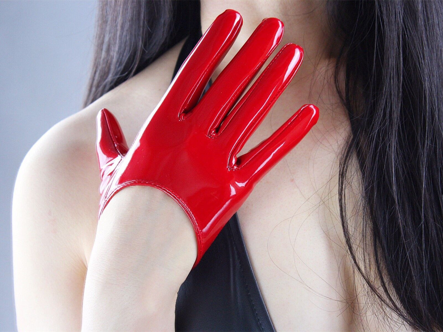 Shine Leather Faux Patent Leather Extra Short Gloves Red Cosplay Gothic Latex