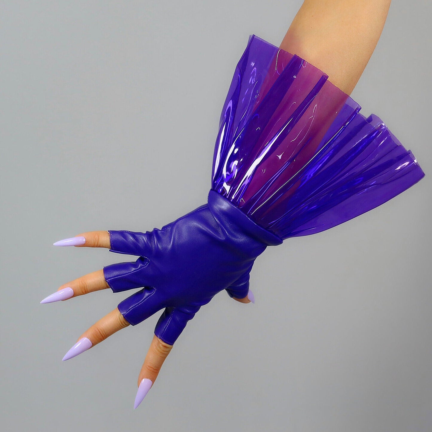 CLEAR GLOVES PVC Ruffle Faux Leather Purple Short Plastic Fingerless Half Finger