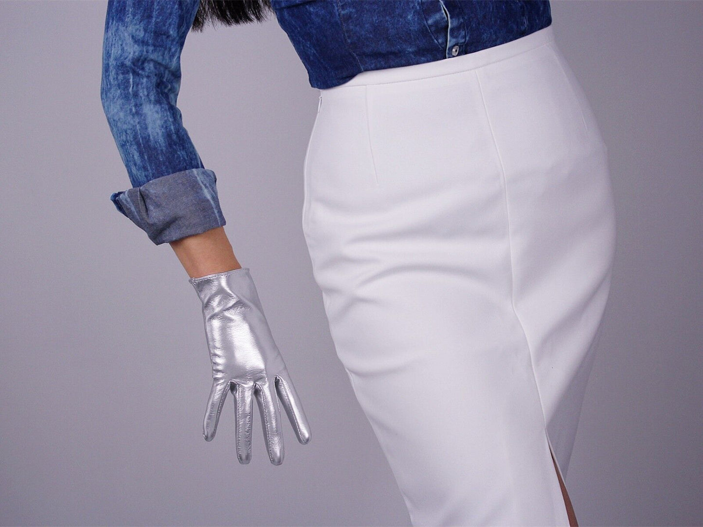 LATEX GLOVES Shine Leather Faux Patent PU 8" 21cm Short Opera Evening Silver