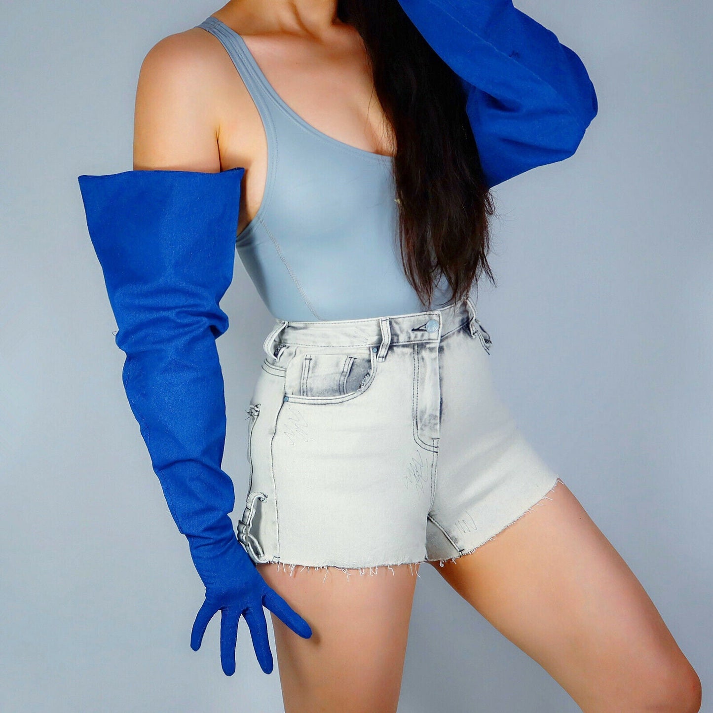 DENIM GLOVES Blue Jeans 28" 70cm Extra Long Balloon Large L TECH PUFF SLEEVES