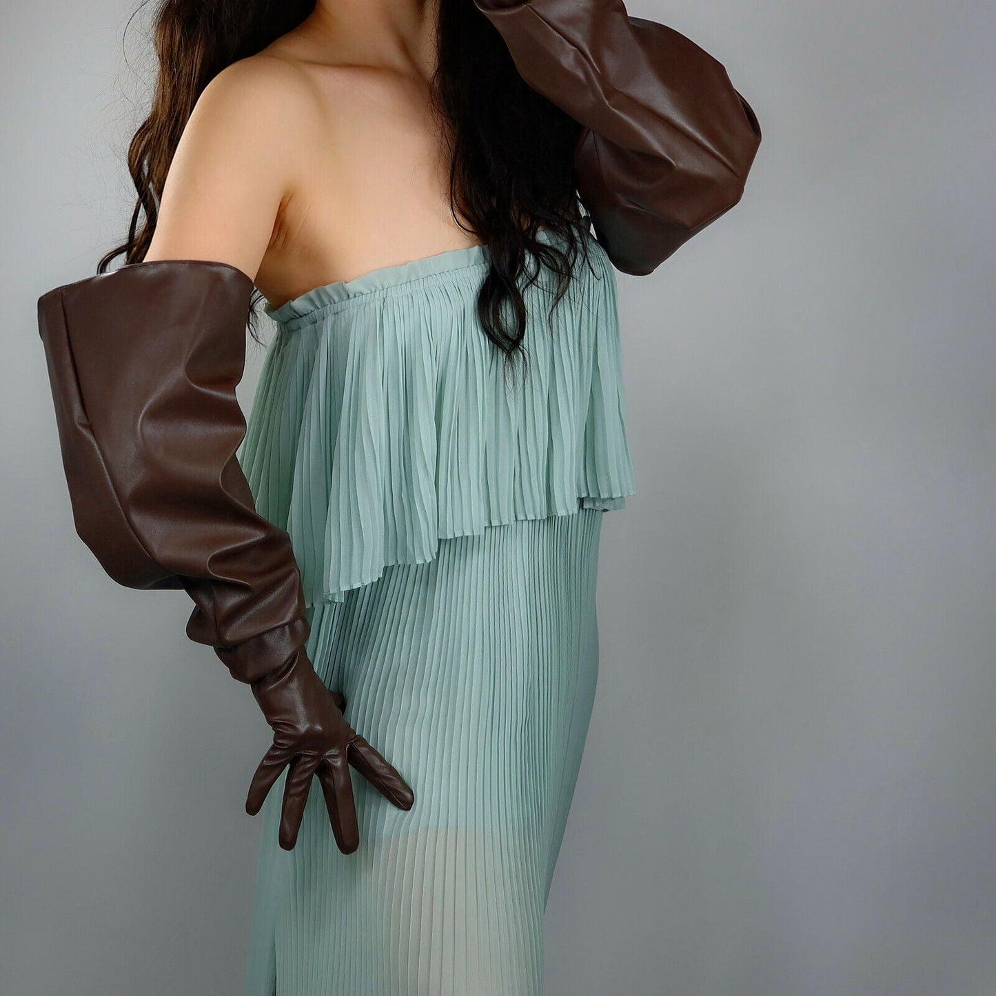 LONG GLOVES Faux Leather PU 28" 70cm Coffee Brown Loose L Unisex PUFF SLEEVES