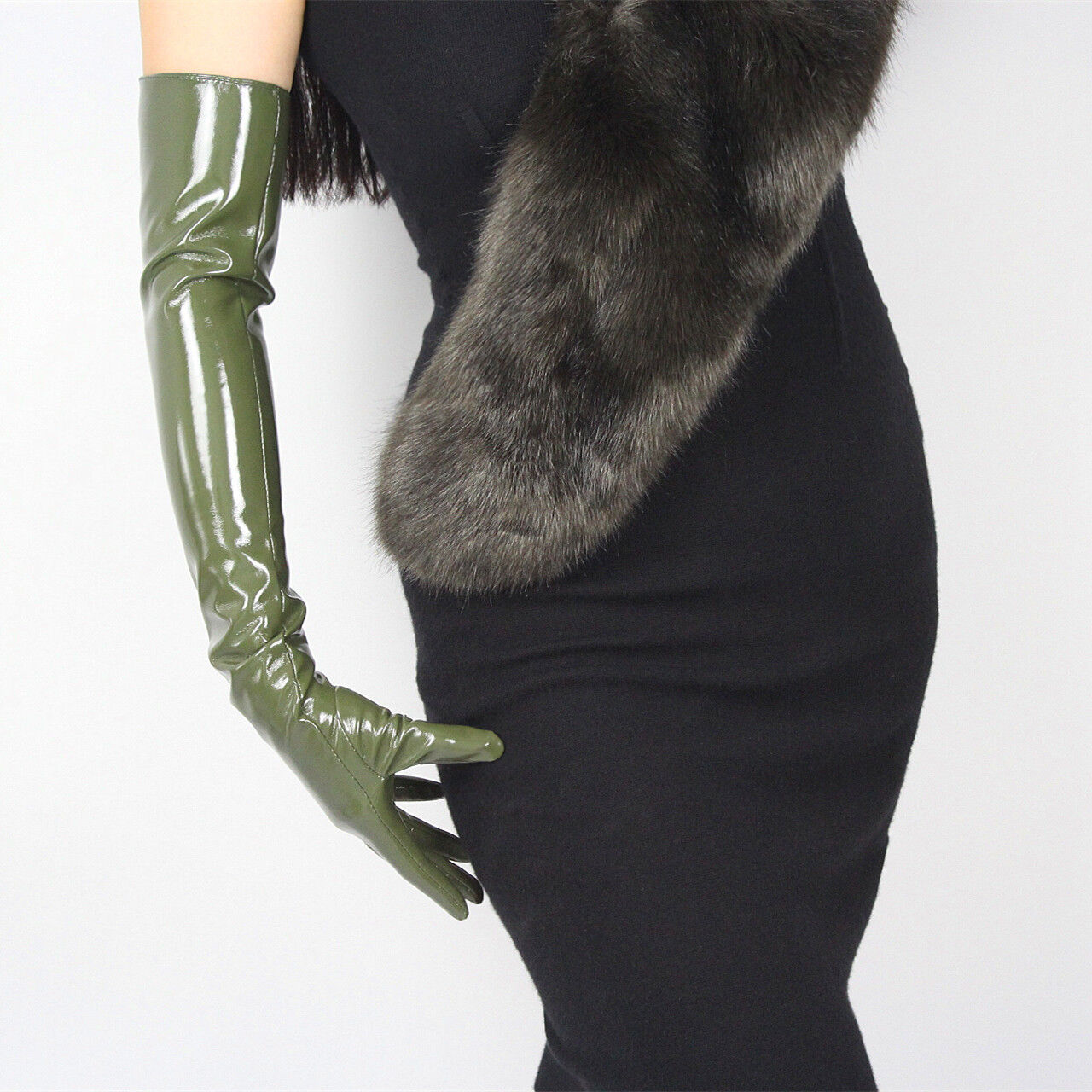 LATEX LONG GLOVES Shine Leather Faux Patent PU 24" 60cm Fashion Olive Army Green