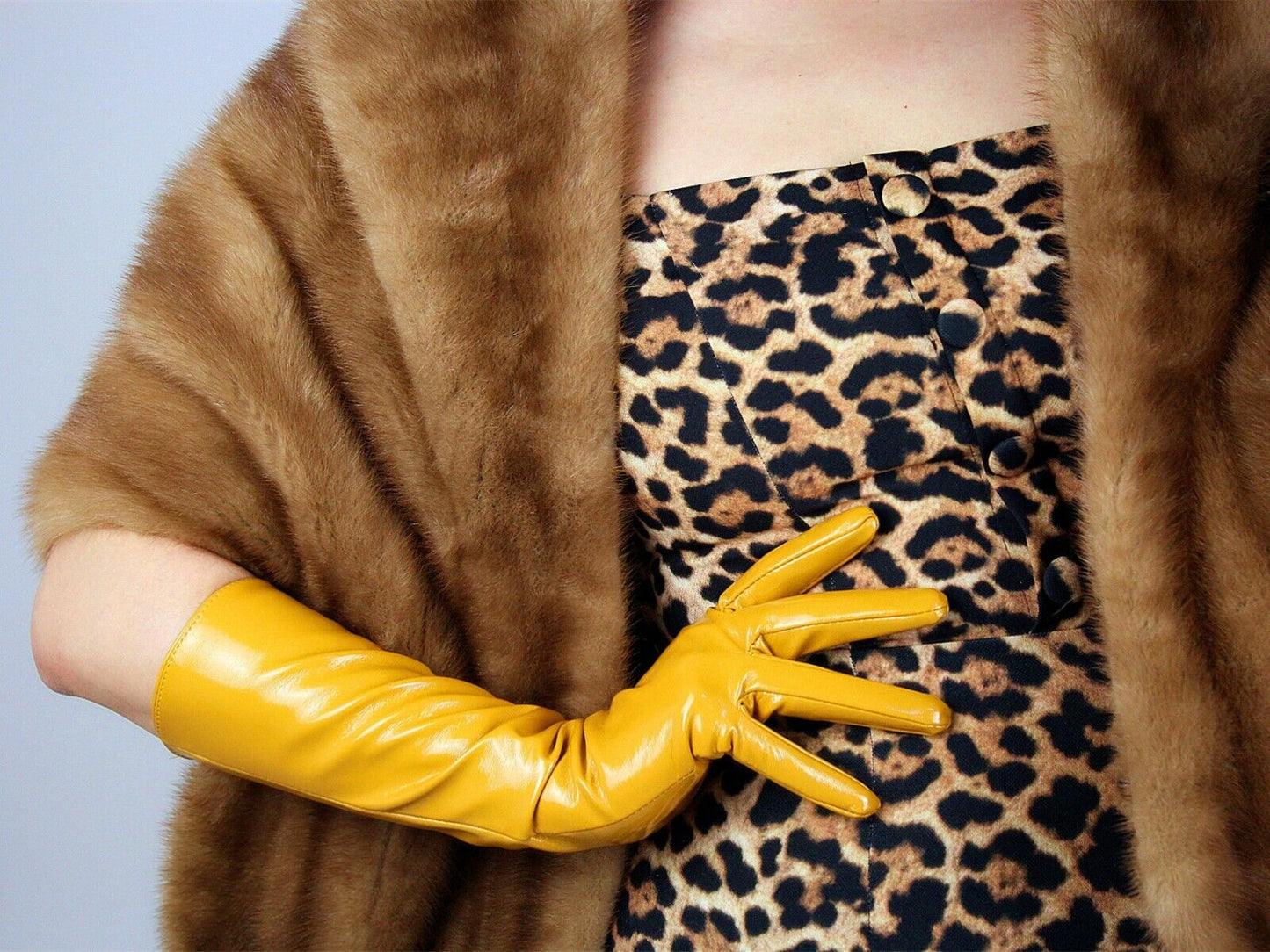 LATEX LONG GLOVES Shine Leather Faux Patent PU 16" 40cm Opera Mustard Yellow