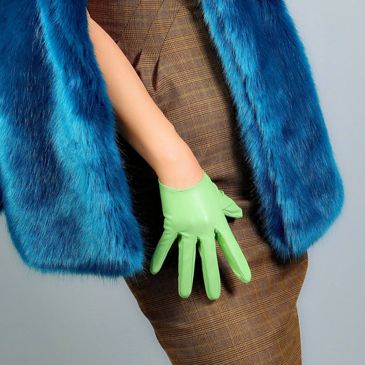 EXTRA SHORT FASHION GLOVES Faux Leather Sheepskin 6" 16cm Pistachio Light Green